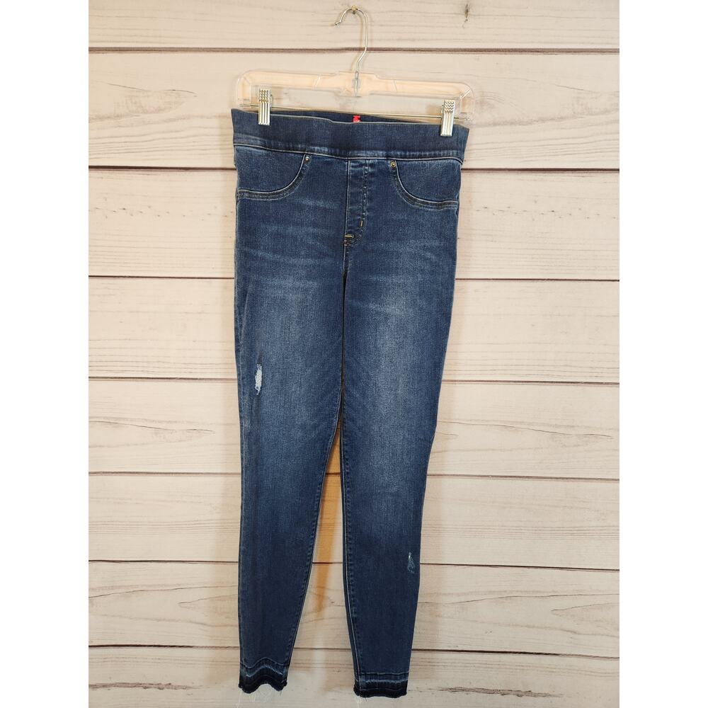 Spanx Women's Blue Wash Mid Rise Distressed Raw Hem Skinny Jegging Size Small